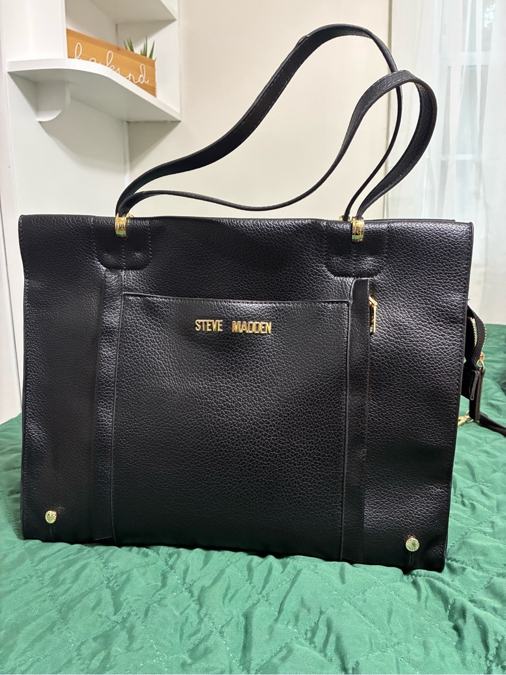 Steve Madden Black Pebbled Tote with Gold Accents